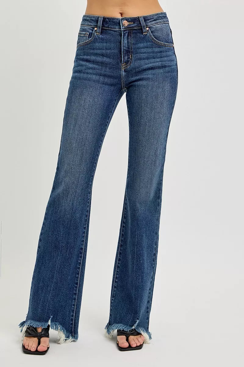 Dark wash mid-rise flare jeans with frayed hem and front button closure.