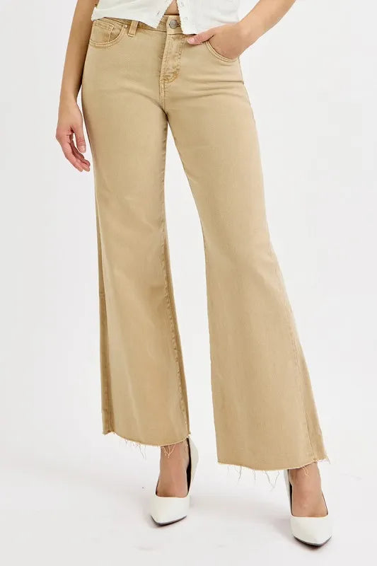 Tan plus-size wide-leg jeans, front view with raw frayed hem