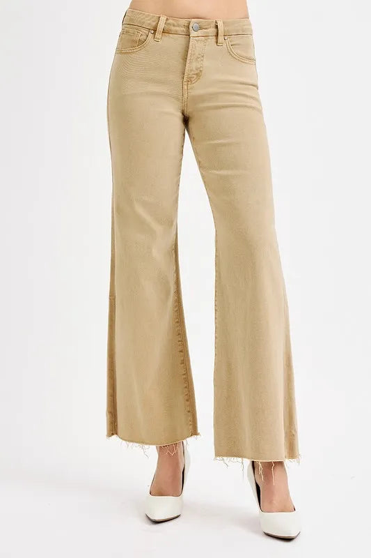 Tan wide-leg jeans, raw hem and mid-rise waistband with front pockets