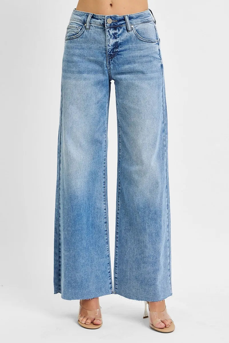 Front view light wash high-rise palazzo jeans with button-zip closure and wide legs