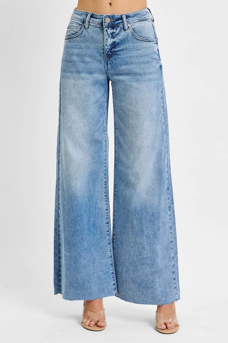 Light wash high-rise palazzo jeans with classic five-pocket design and wide flared legs