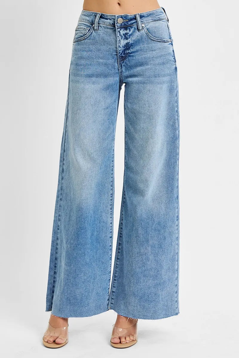 Light wash high-rise palazzo jeans with belt loops and straight center seams