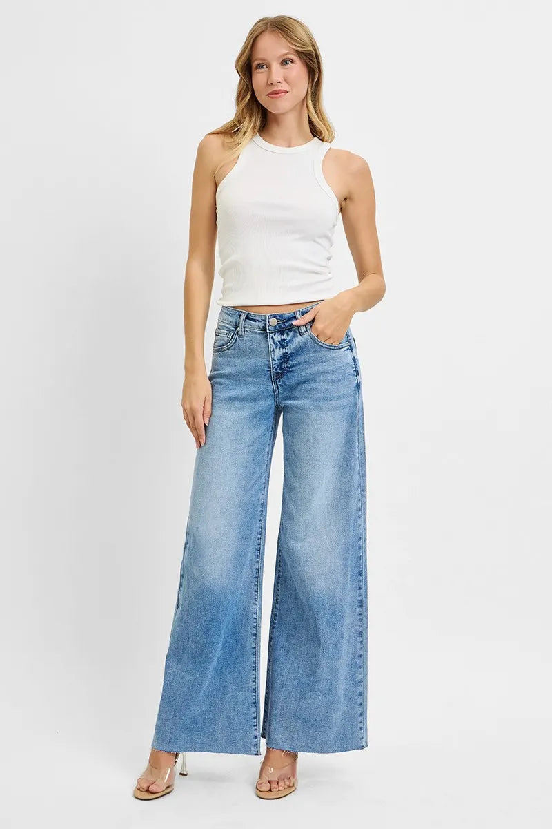 Light wash tummy-control high-rise palazzo ankle jeans, plus size