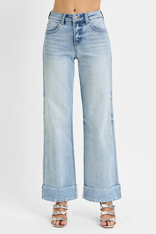 Light wash high-rise wide-leg jeans with cuffed ankle hems