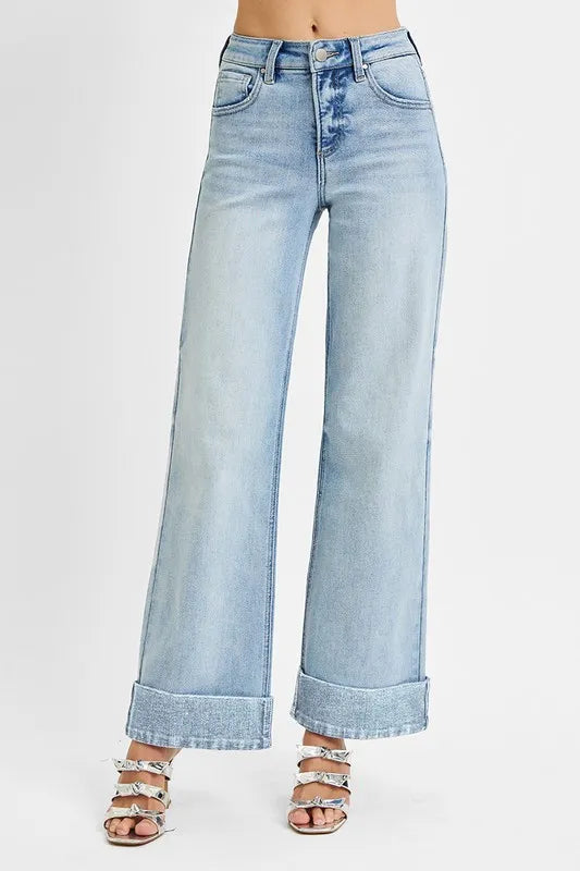 Light wash high-rise wide-leg jeans with button fly and front pockets