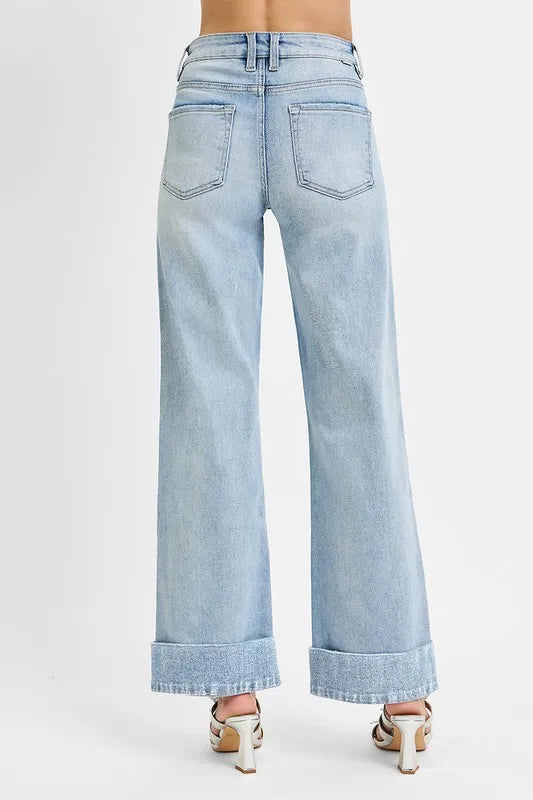 Light wash back view jeans with yoke seams and cuffed ankle hem
