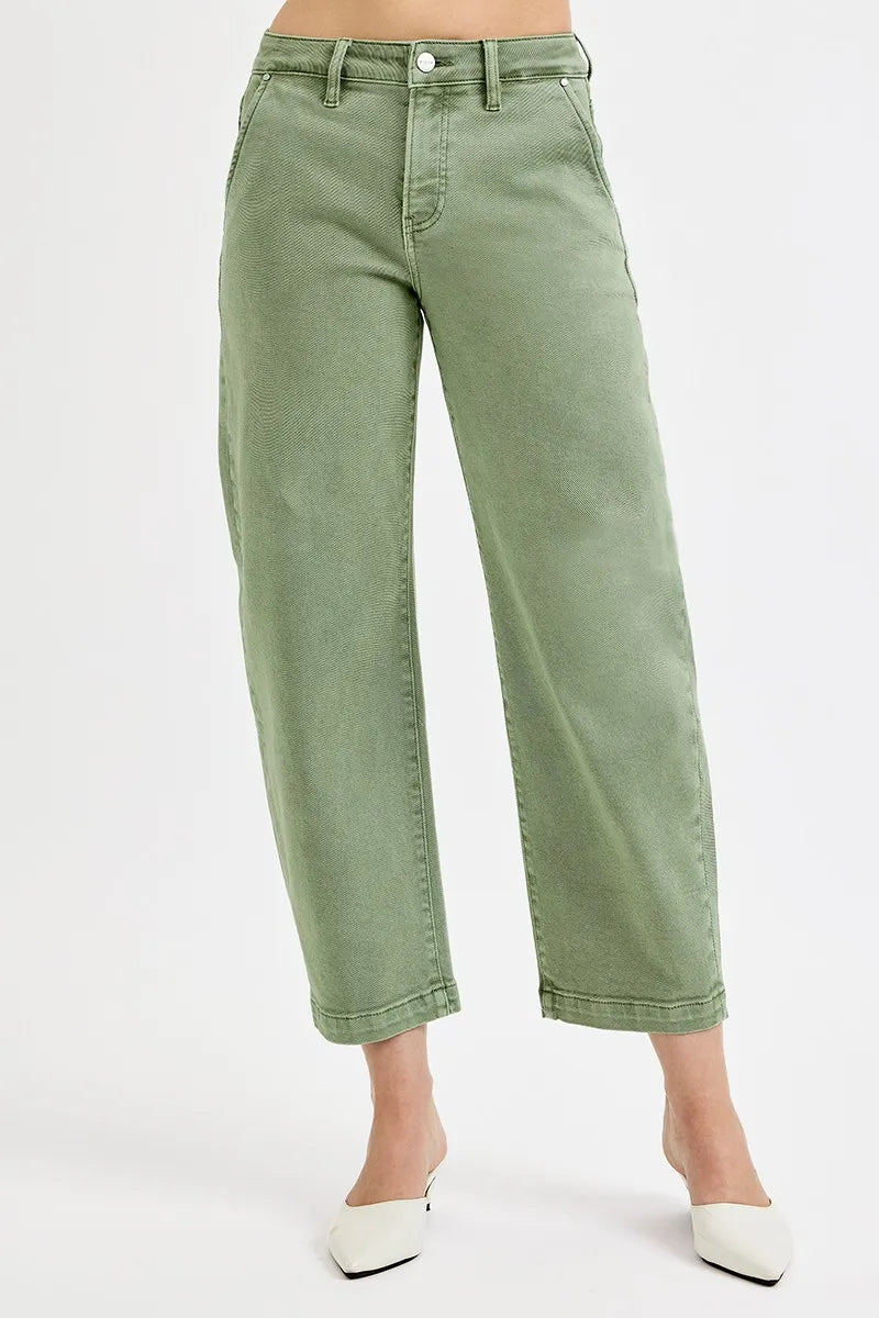Olive high-rise barrel jeans with belt loops and front pockets