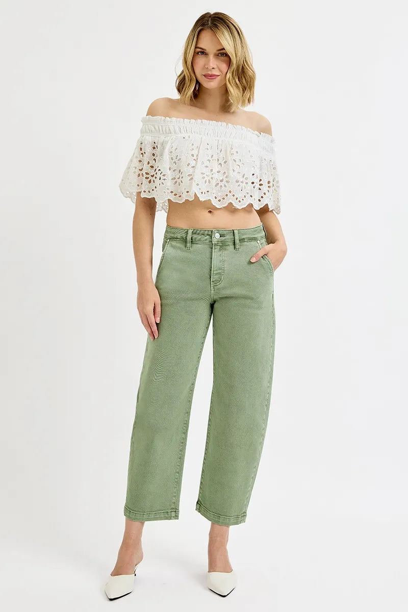 Olive high-rise crop barrel jeans, button-and-zip front