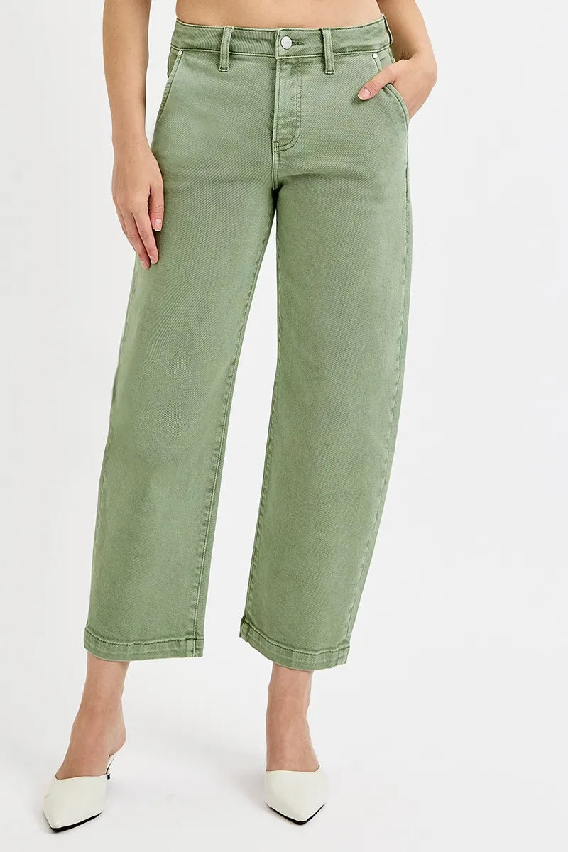 Olive high-rise barrel jeans, straight barrel leg and button front