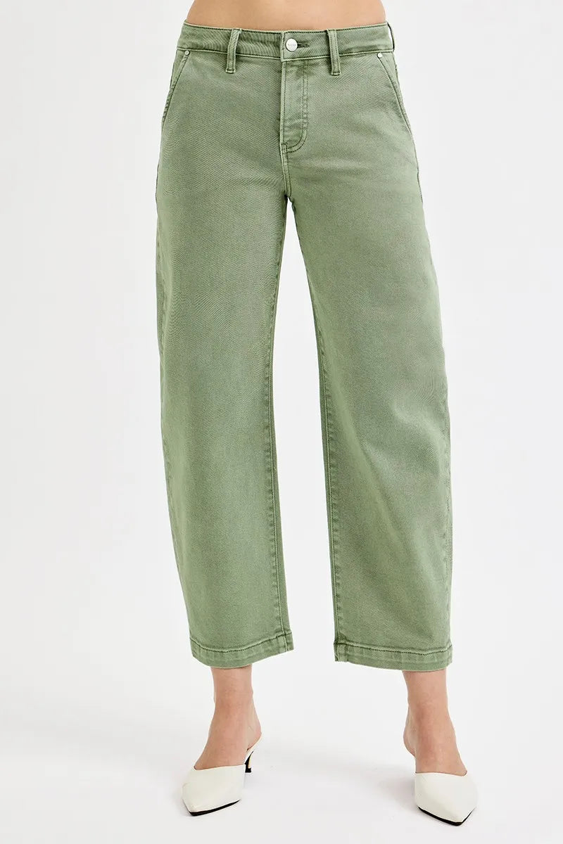 Olive high-rise crop barrel jeans front, belt loops and button closure
