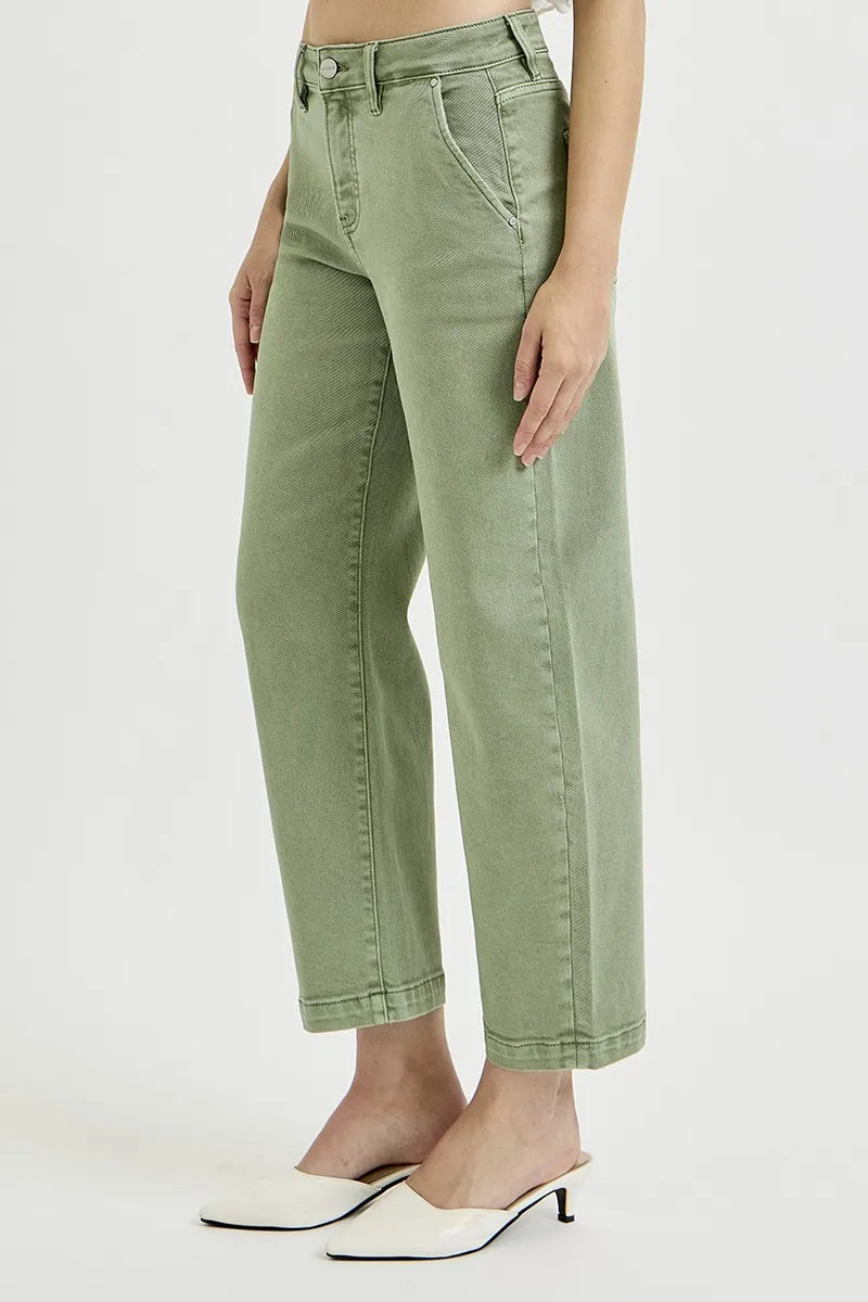Olive high-rise barrel jeans side view with back seam and patch pockets