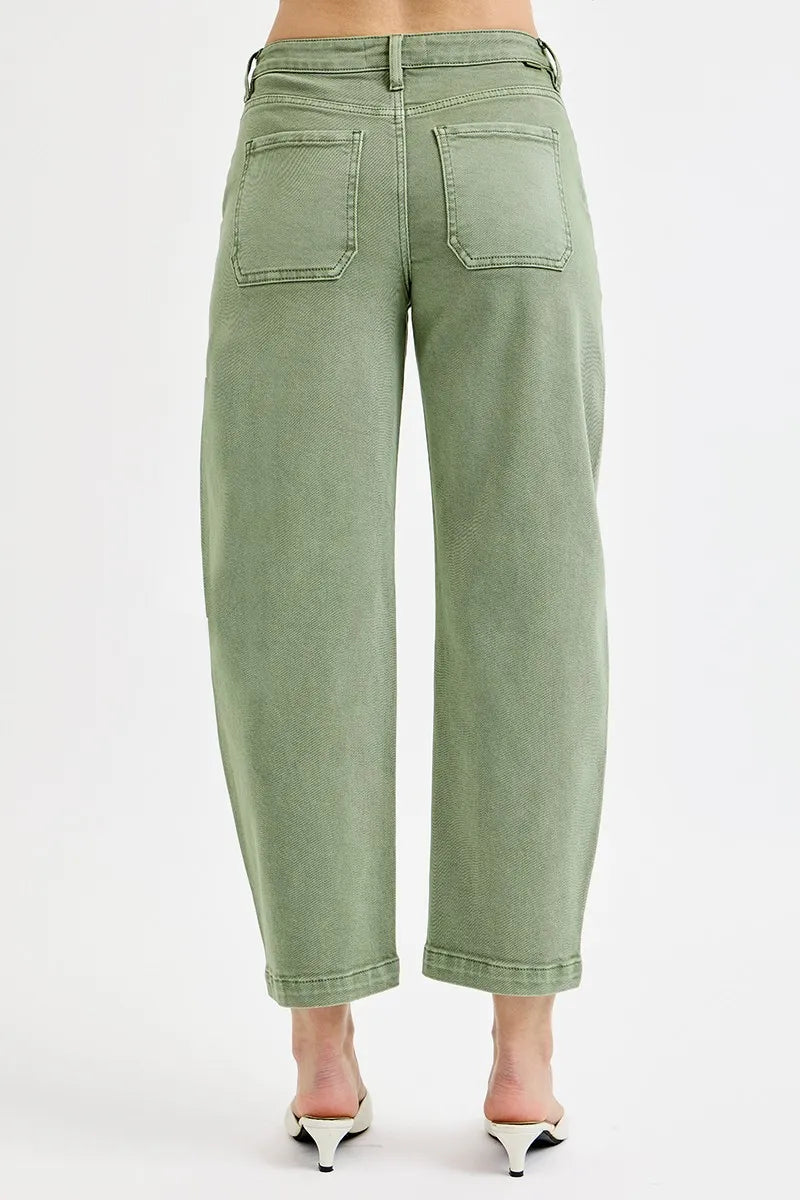 Olive high-rise crop barrel jeans, back view with patch pockets