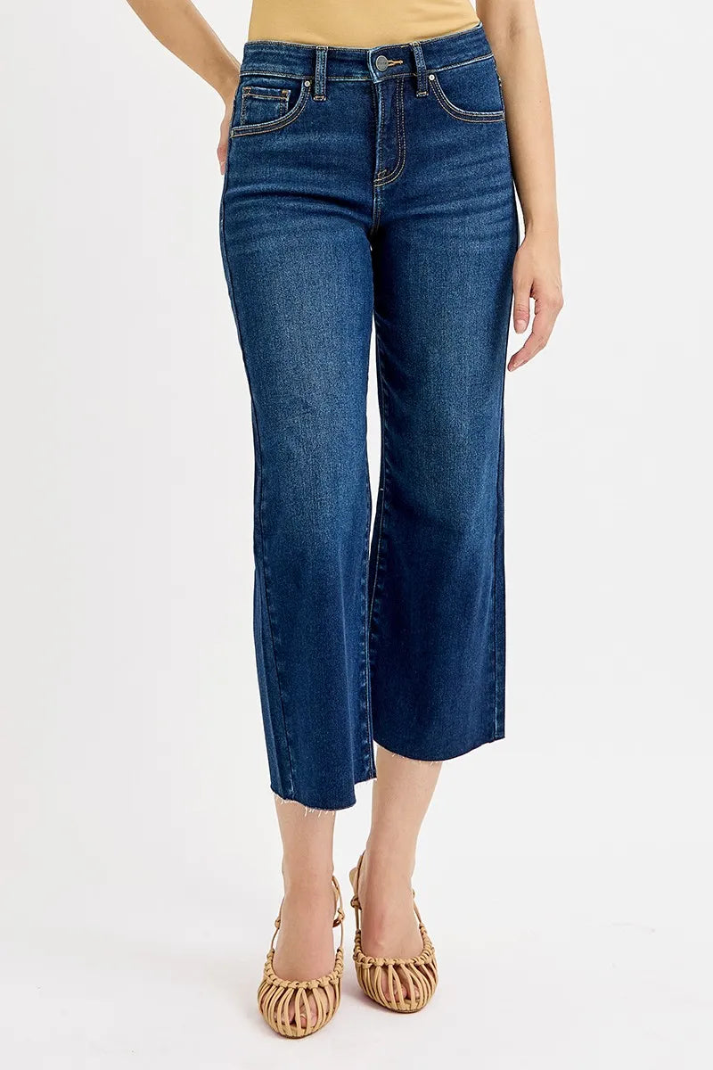 Dark high-rise wide-leg crop jeans, five-pocket style, tummy control