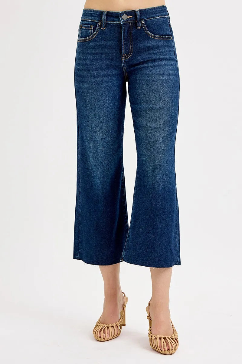 Dark high-rise wide-leg crop jeans, button-fly, contrast topstitch