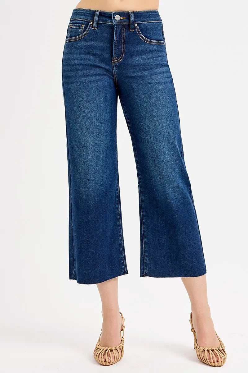 Dark high-rise wide-leg crop jeans, belt loops, straight wide leg