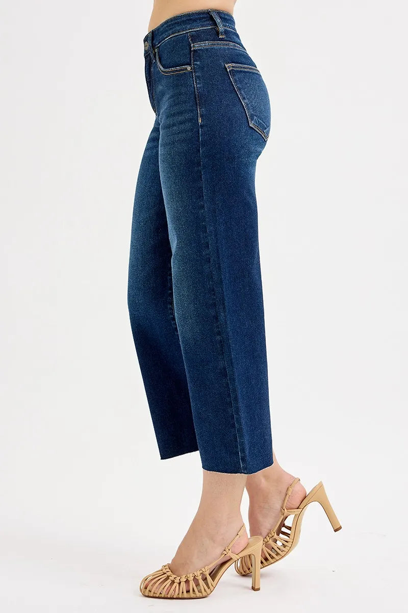 Dark high-rise wide-leg crop jeans, back yoke and stitched seams