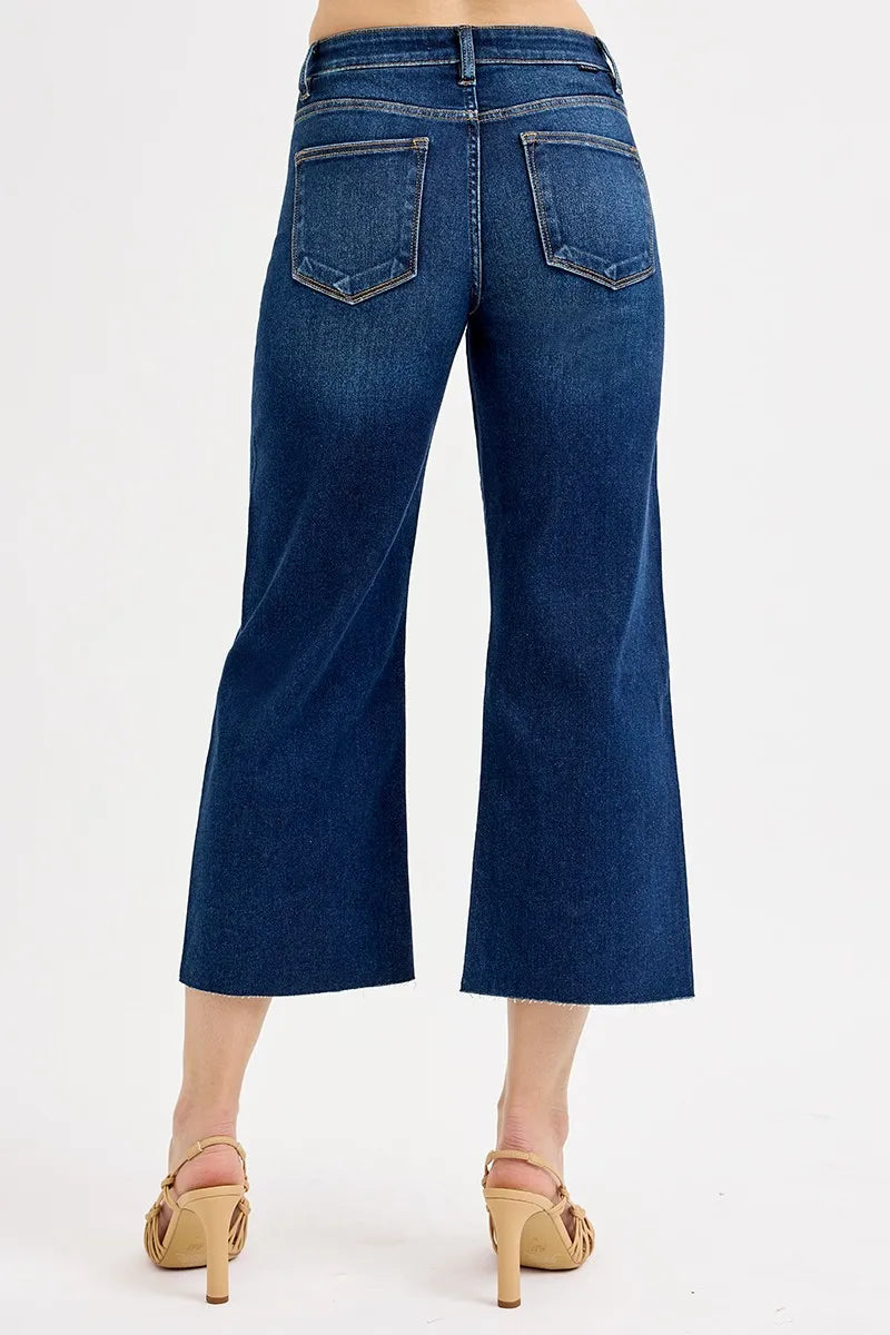 Dark high-rise wide-leg crop jeans, back pockets, tummy control waistband