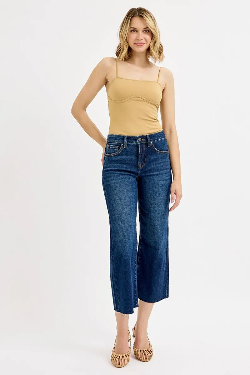 Dark high-rise wide-leg crop jeans, tummy control, plus size