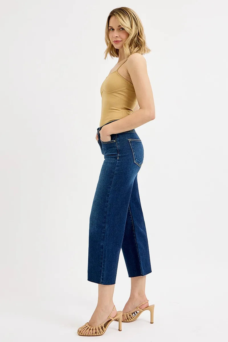 Dark high-rise wide-leg crop jeans with tummy control, plus size fit
