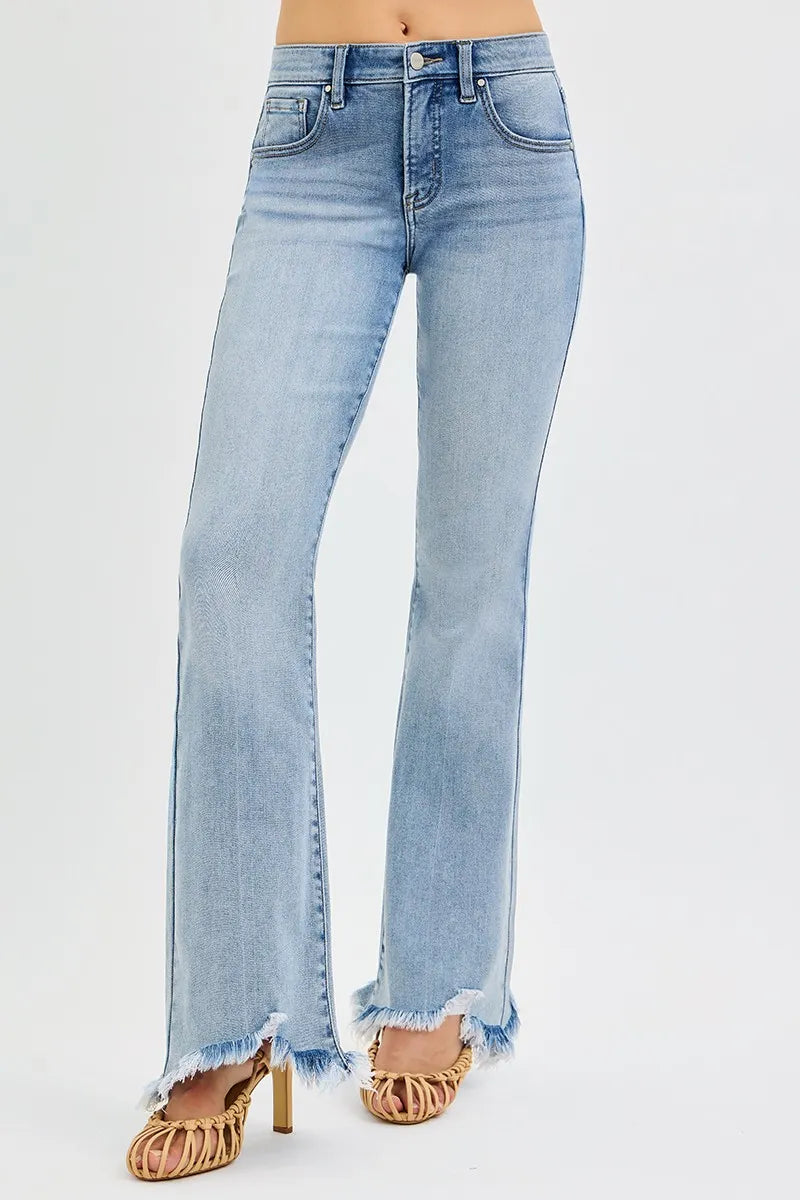 Front view medium wash mid-rise flare jeans with frayed ankle hem