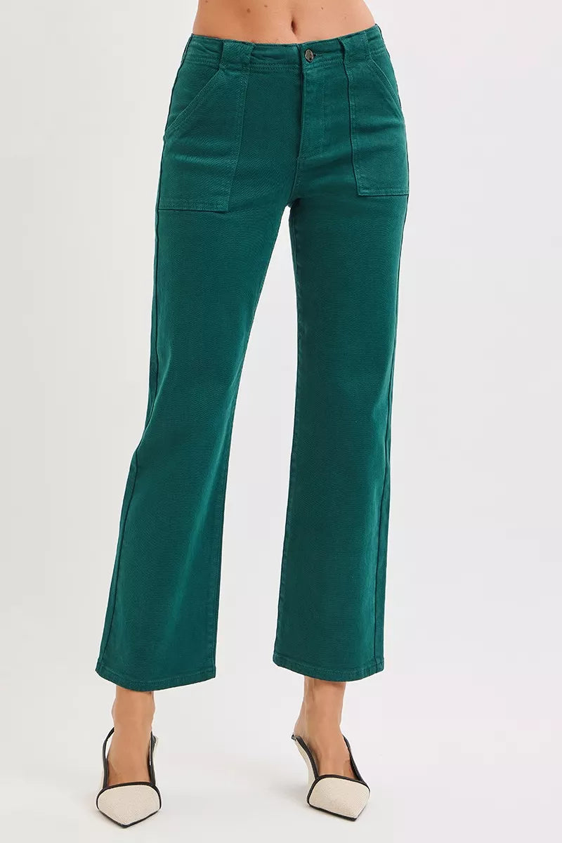 Hunter green high-rise ankle flare jeans with patch pockets and button closure