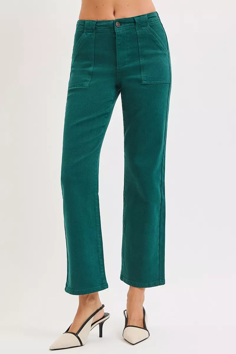 Hunter green high-rise ankle flare jeans, side view with patch pocket detail