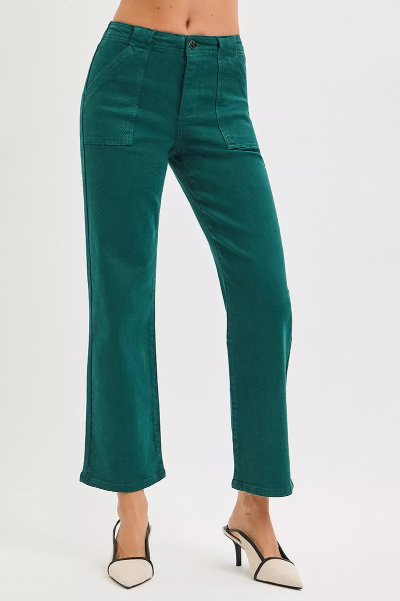 Hunter green high-rise ankle flare jeans with front patch pockets
