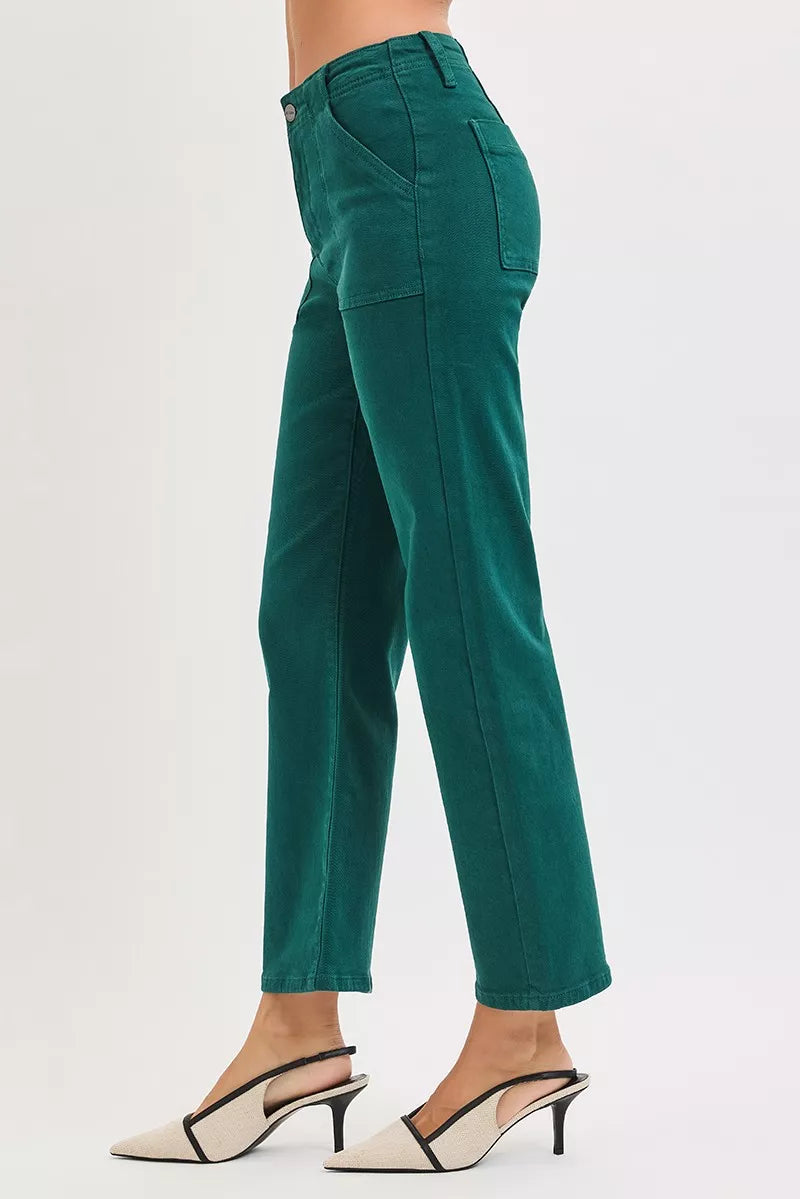 Hunter green high-rise ankle flare jeans, back view with patch pocket and seams