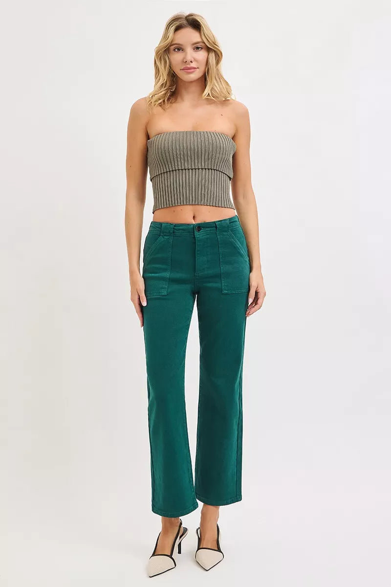 Hunter green high-rise ankle flare jeans, front view with patch pockets