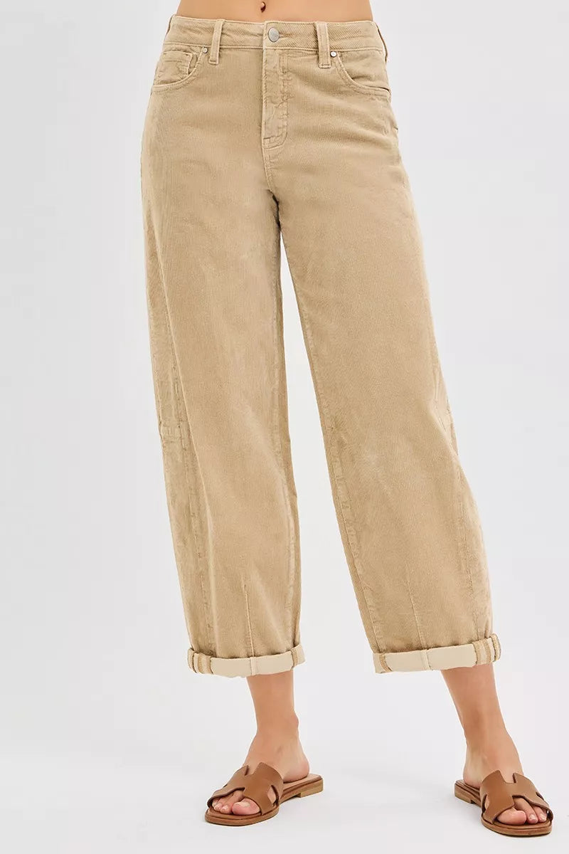 Tan corduroy cropped barrel pants with front seam detail and rolled cuff hem