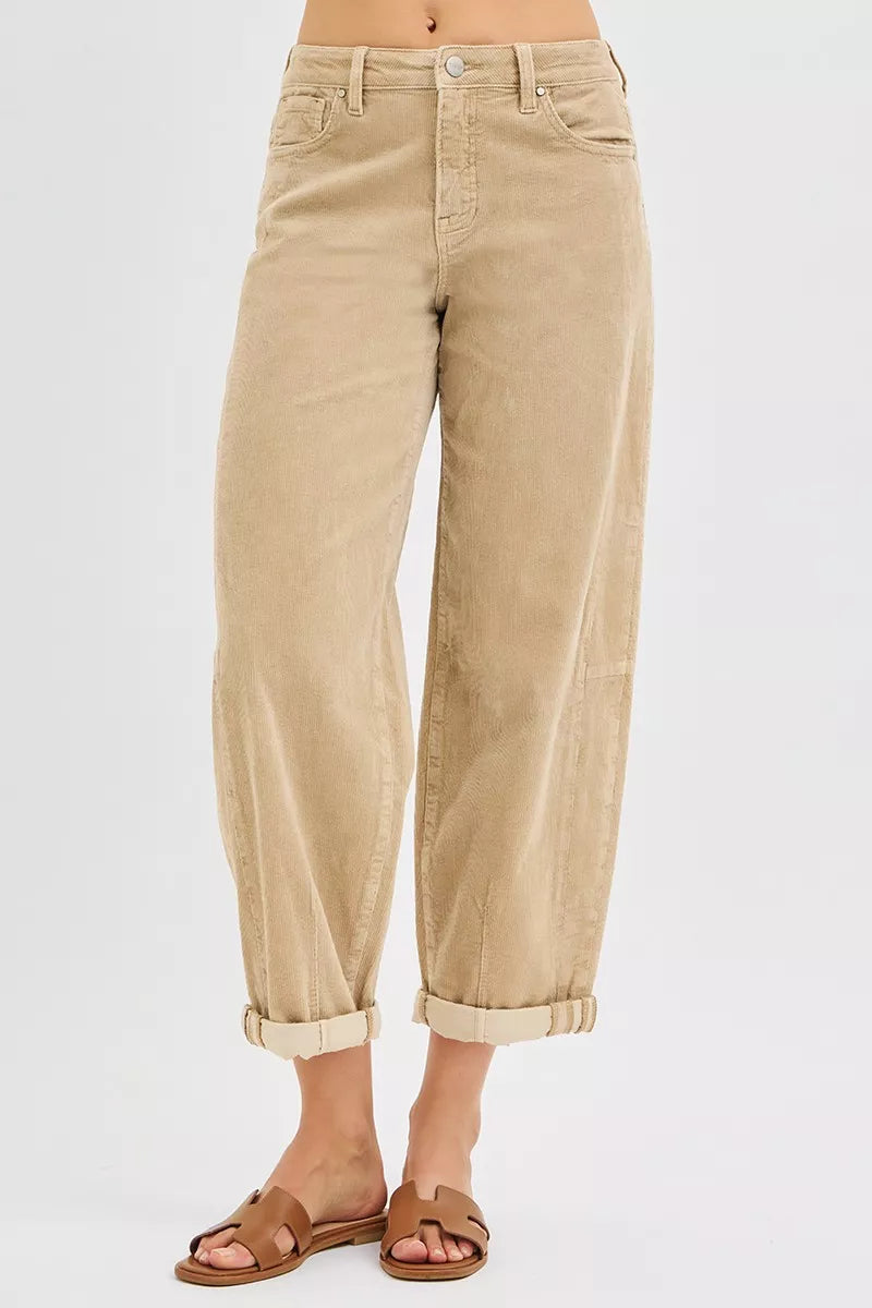 Tan corduroy cropped barrel pants, button closure and five-pocket styling, rolled cuffs