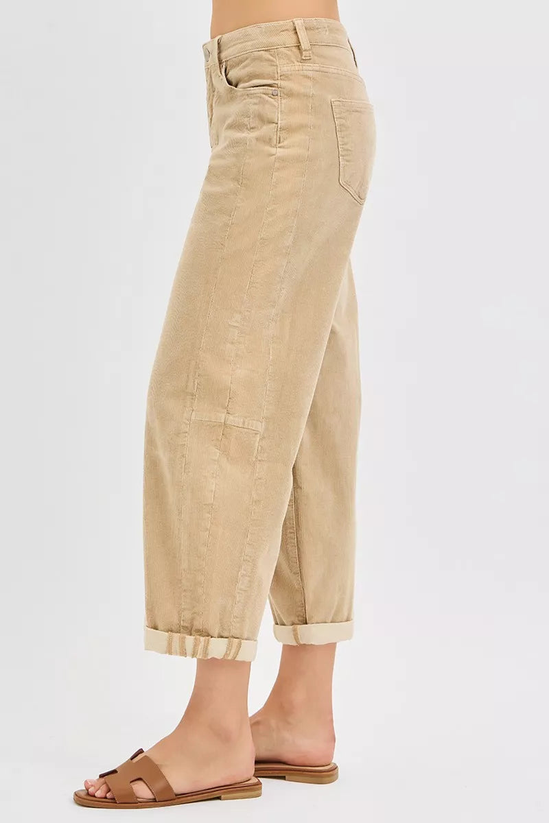Tan corduroy cropped barrel pants with side pocket and rolled cuff hem