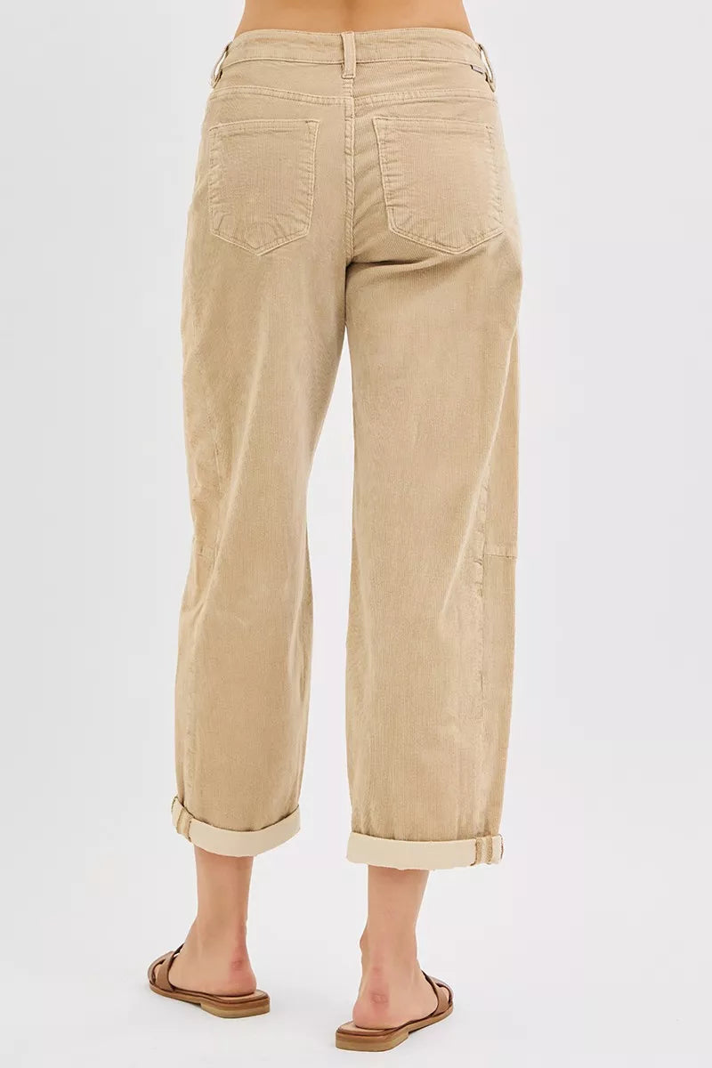 Tan corduroy high-rise cropped barrel pants with back patch pockets and rolled cuff hem