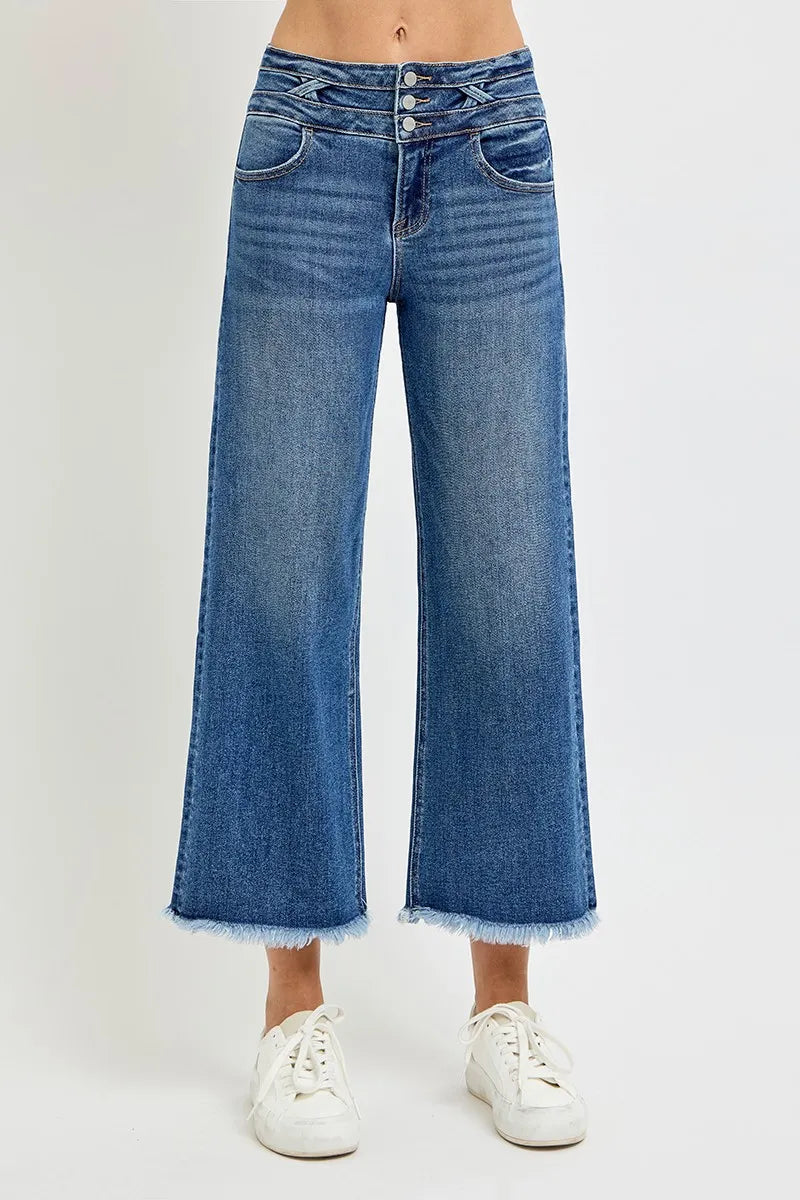 Dark high-rise crop wide-leg jeans with cuffed hem and button fly front