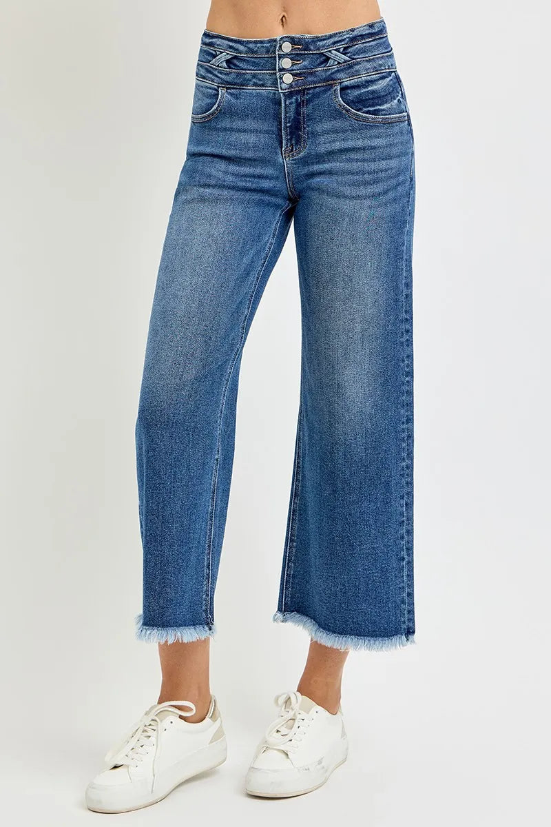 High-rise crop wide-leg jeans, dark wash denim, frayed hem and button front