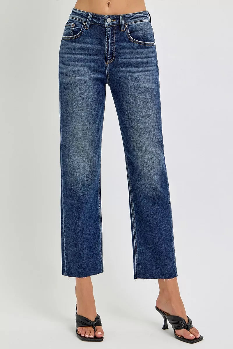 High-rise slim barrel jeans, dark blue wash, 5-pocket button fly