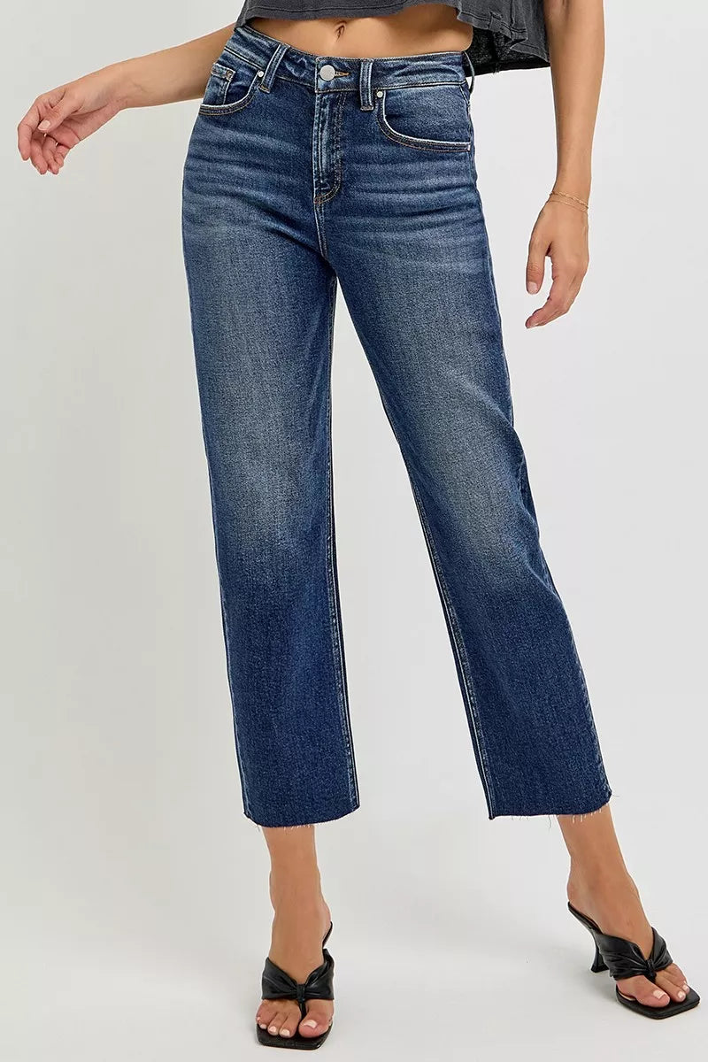High-rise slim barrel jeans, dark blue wash, belt loops and button closure