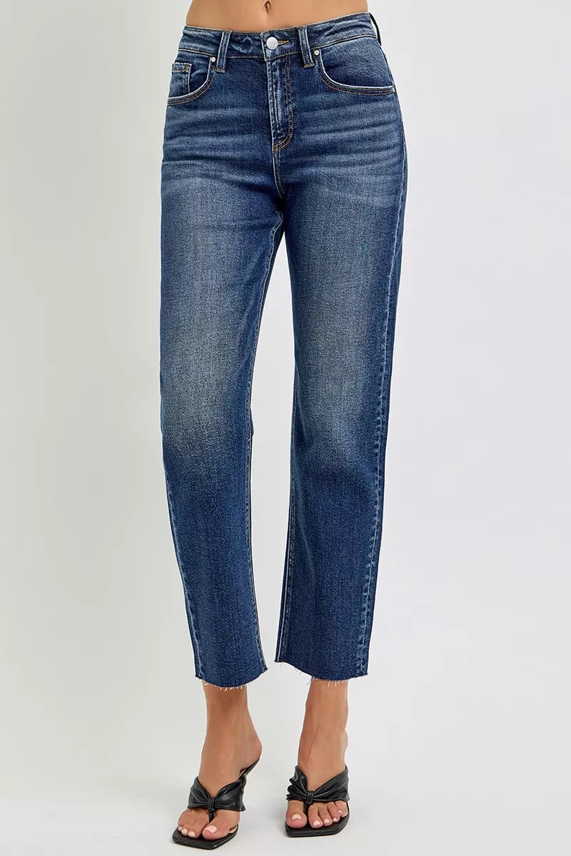 High-rise slim barrel jeans, dark blue wash, tapered barrel leg, ankle length