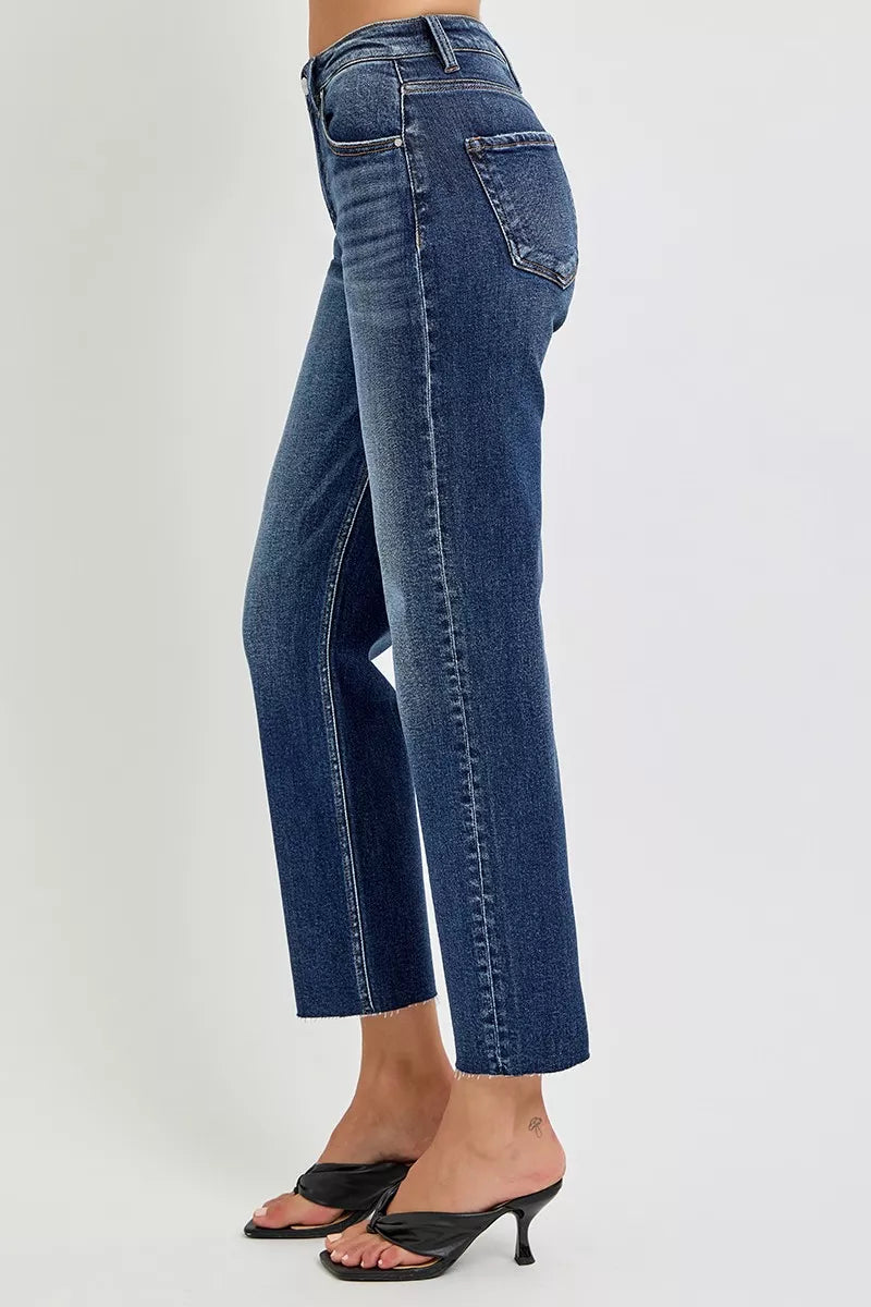 High-rise slim barrel jeans, dark blue wash, back patch pockets and belt loops