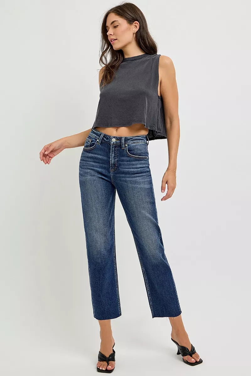 High-rise slim barrel jeans, dark blue wash, ankle-length slim barrel fit