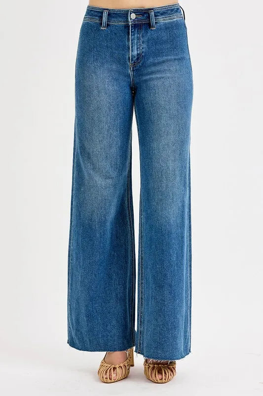 Front view, medium-wash high-waisted wide-leg denim jeans with center seam