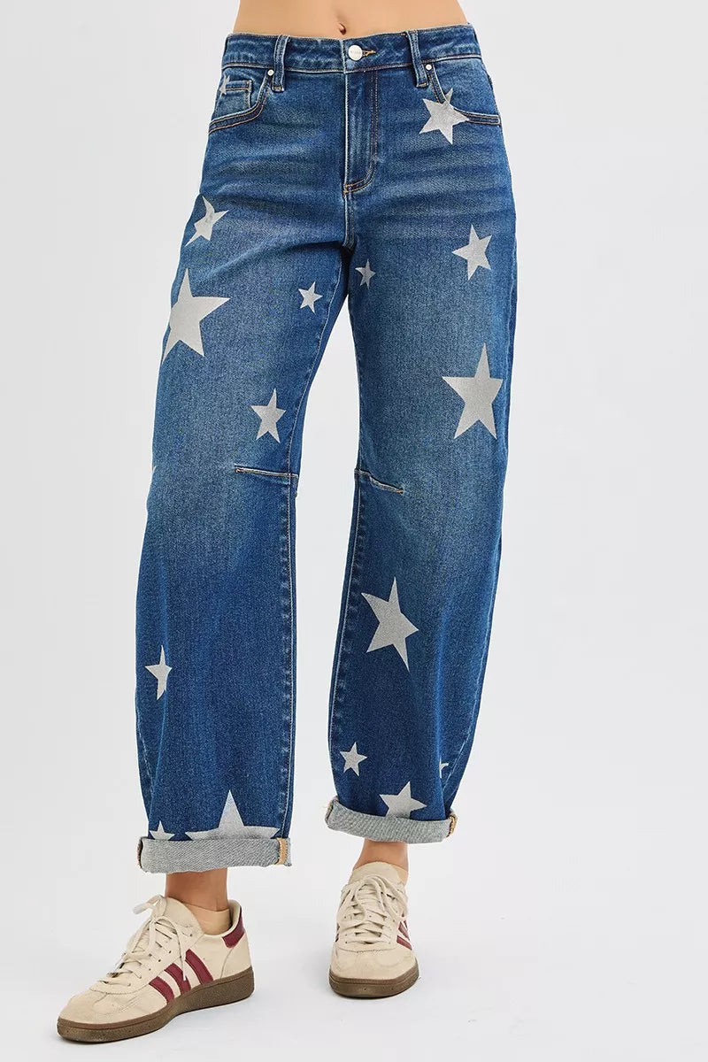 RISEN Mid Rise Ankle Length Relaxed Barrel Star Printed Jeans - Tigbul's Variety Fashion Shop