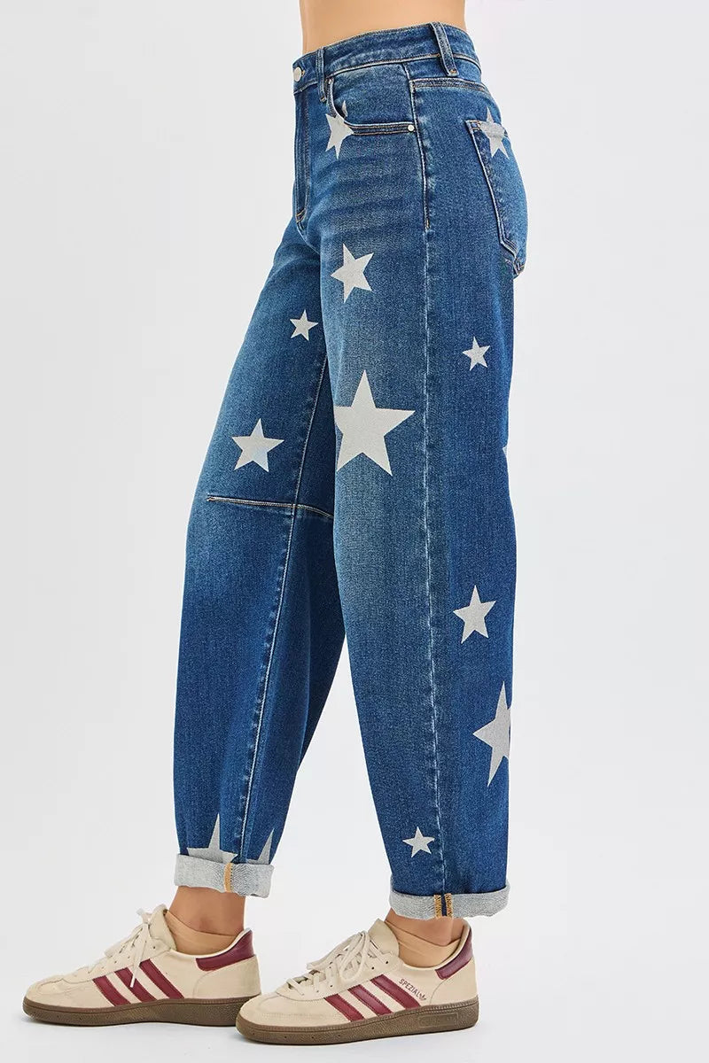 RISEN Mid Rise Ankle Length Relaxed Barrel Star Printed Jeans - Tigbul's Variety Fashion Shop