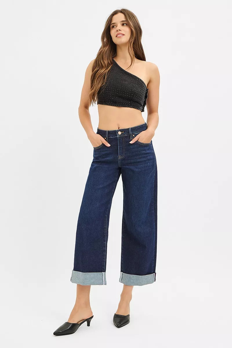 Trendsi dark mid-rise wide-leg ankle jeans with rolled cuffs, paired look