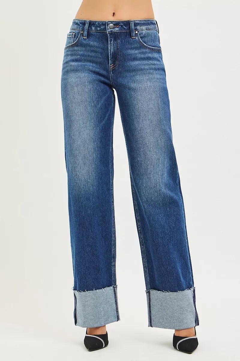 DARK mid-rise wide straight jeans with wide cuff hem, relaxed straight leg