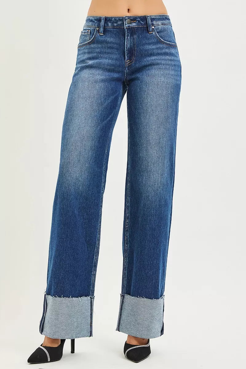 DARK wide-straight jeans, mid-rise, front pockets and wide folded hem cuffs