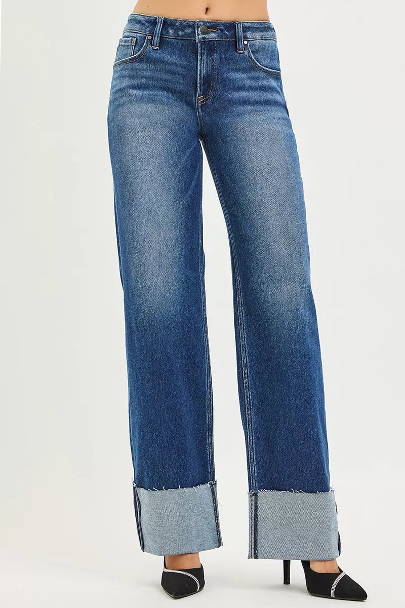 DARK wide-straight jeans, mid-rise, back view with double back yoke and cuffs