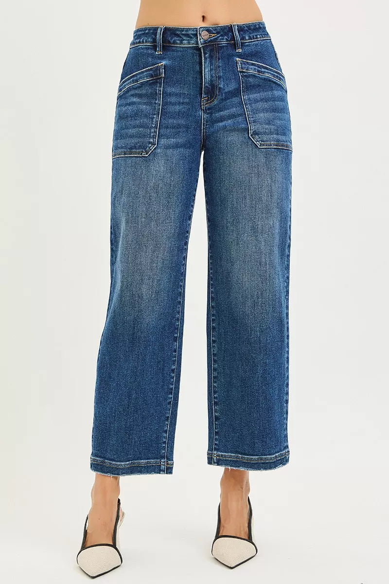 DARK denim baggy cropped jeans, front patch pockets, button fly