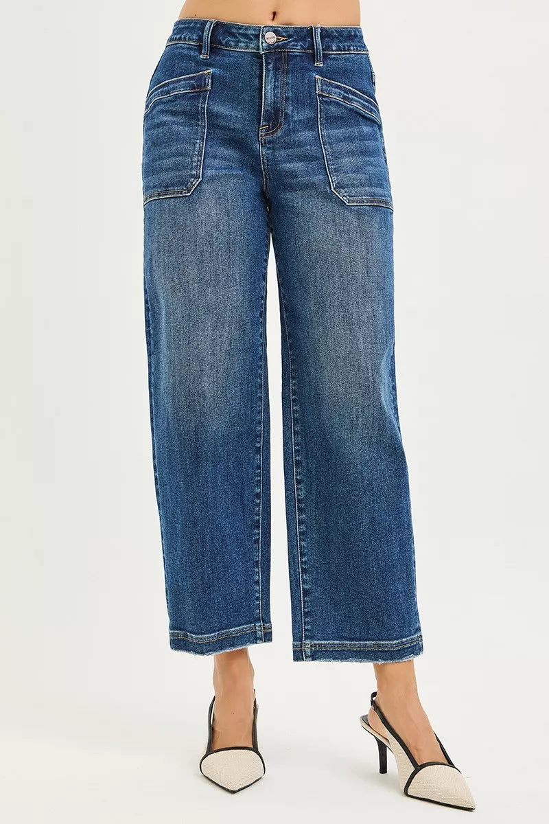 DARK denim cropped baggy jeans, back yoke and straight wide legs