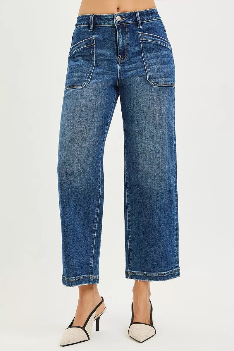 DARK denim wide-leg cropped jeans with patch pockets and stitched seams